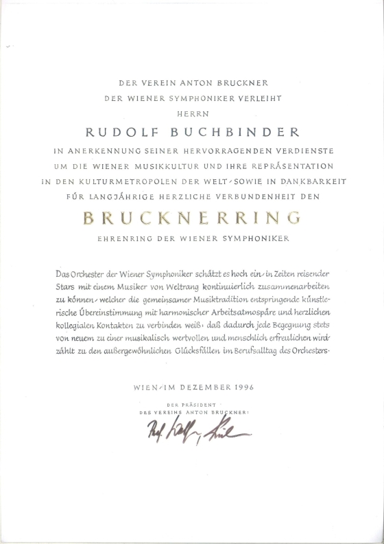 Urkunde Verleihung Brucknerring an Rudolf Buchbinder