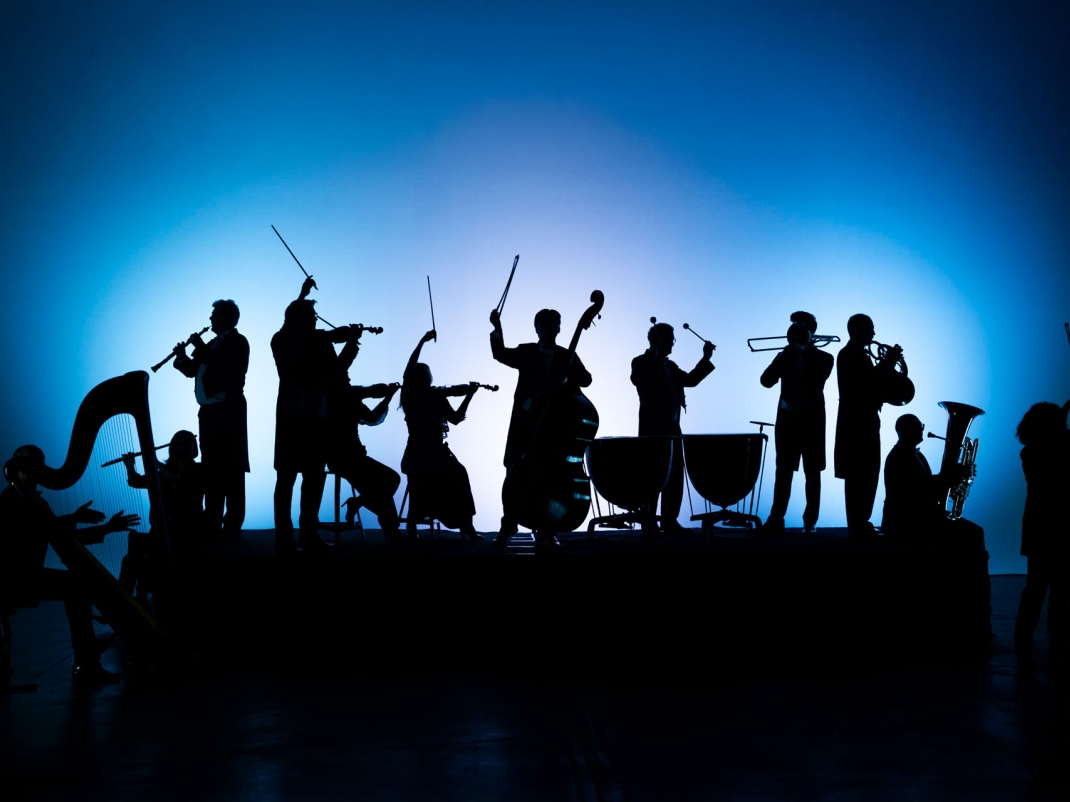 Schwarze Silhouetten von Musikern und ihren Instrumenten