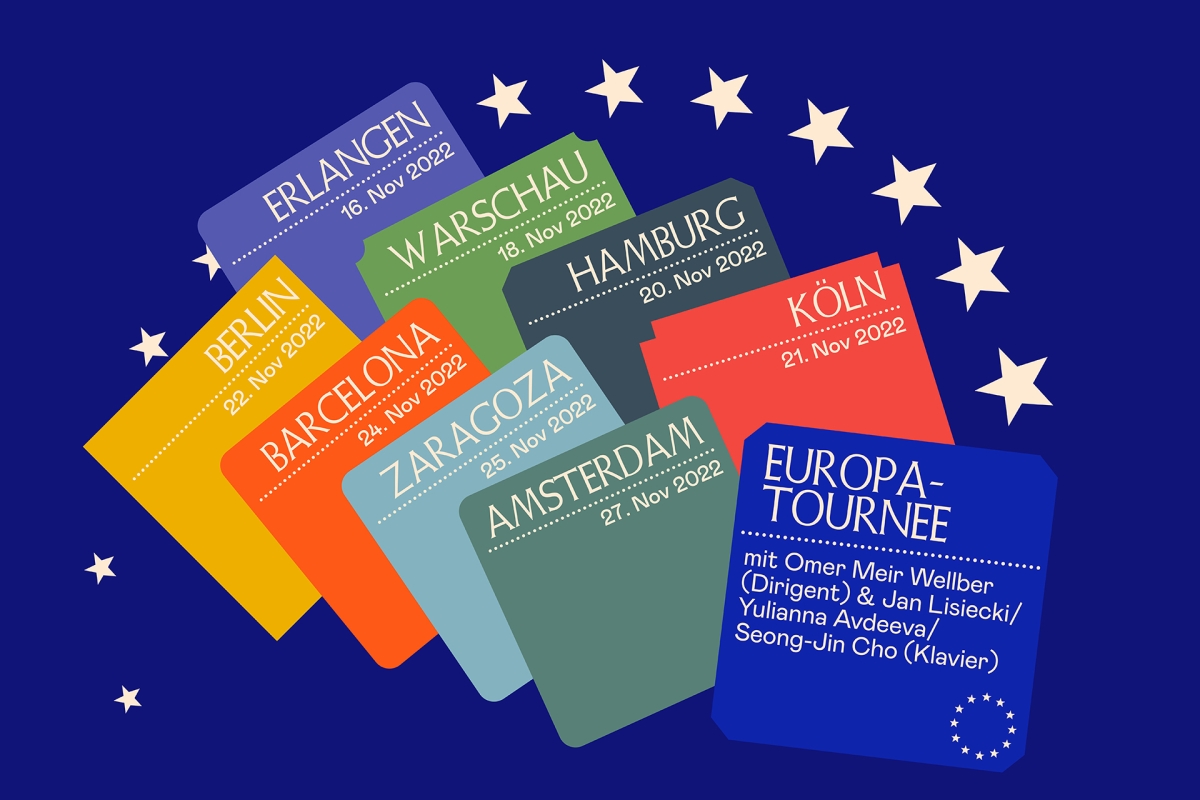Bunte Grafik mit Tickets für die Europa-Tournee