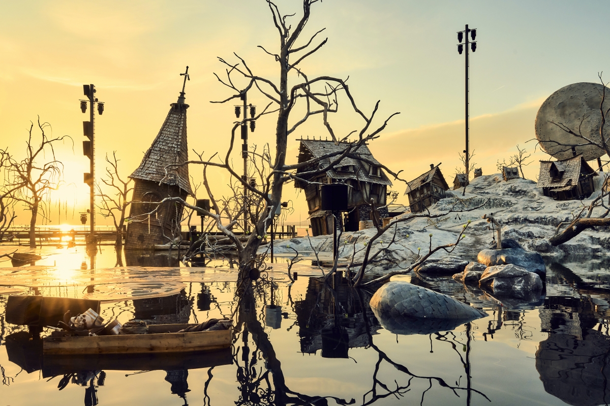 Ein winterliches Dorf auf der Seebühne am Bodensee  