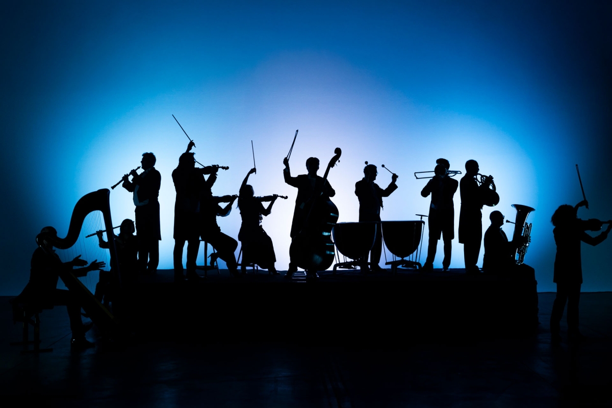 Schwarze Silhouetten von Musikern und ihren Instrumenten