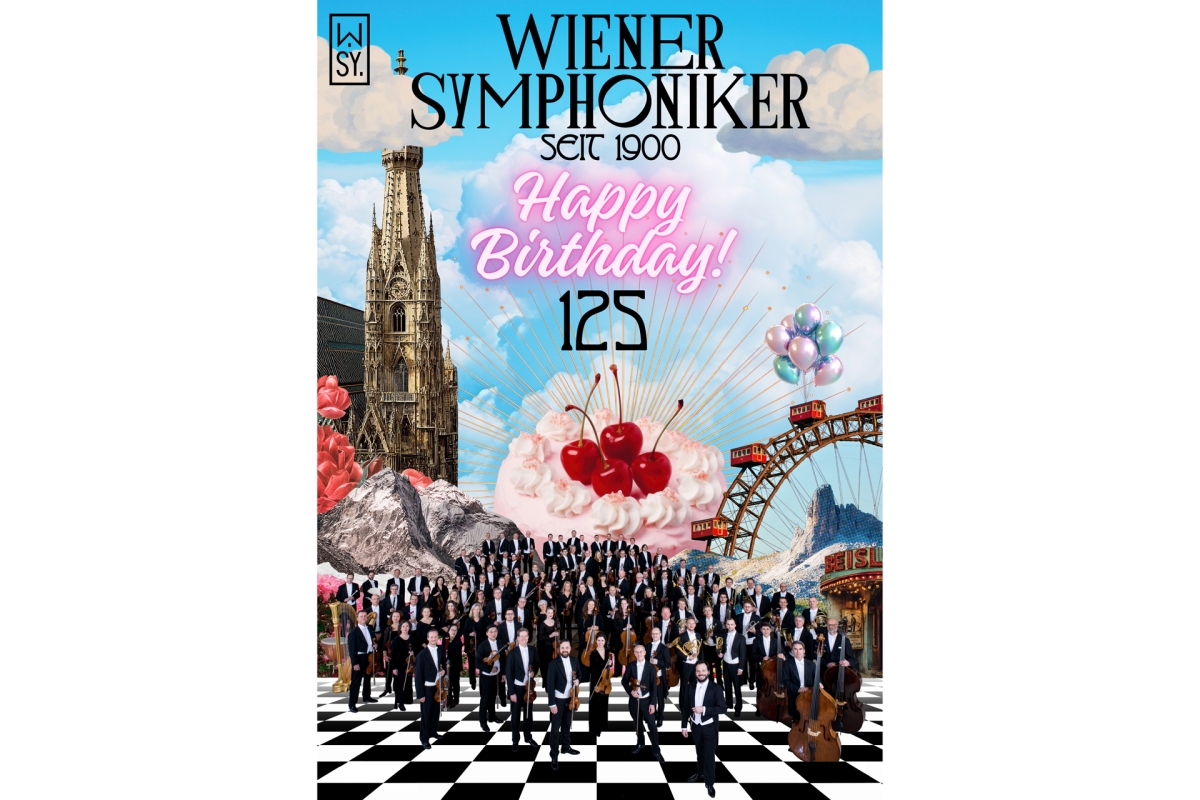 Orchestermusiker mit Torte, Happy Birthday, Zahl 125, Stephansdom, Riesenrad und mehr