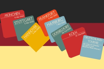 Illustration von Konzerttickets in Deutsche Städten in verschiedenen Farben, als Hintergrund die Farben Schwarz, Rot, Gold