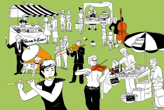 Gezeichnete Musiker und Marktstände: Sujet des Orchestertages 2024